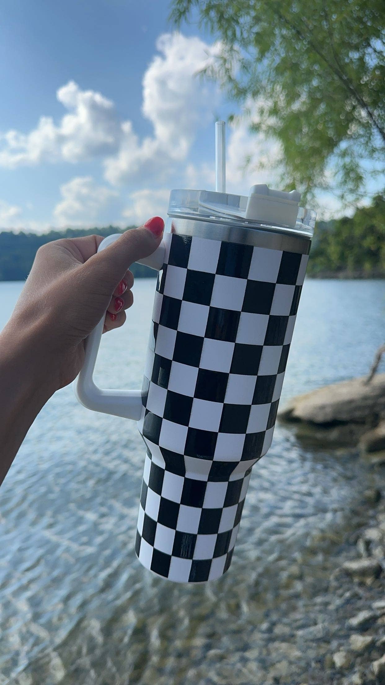 Checkerboard White and Black Tumbler with Handle